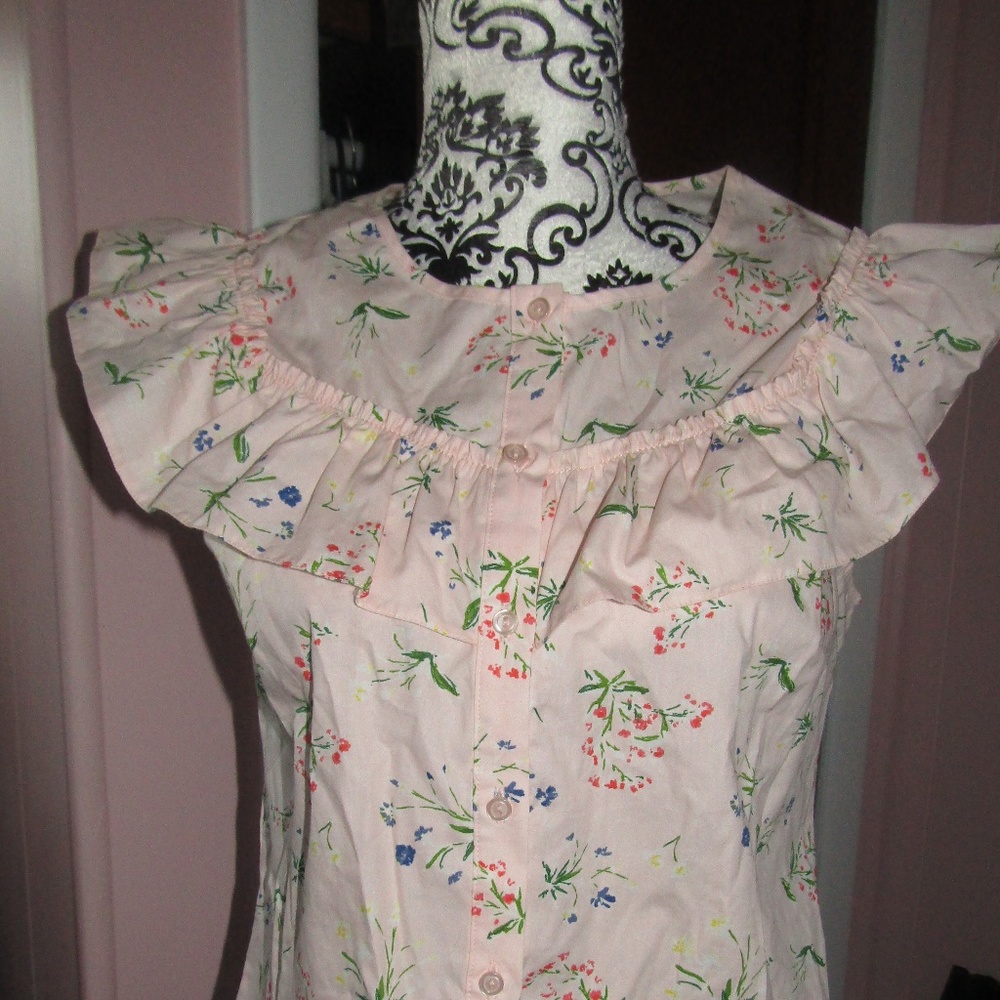 Pink Floral Print Cotton Ruffle Blouse